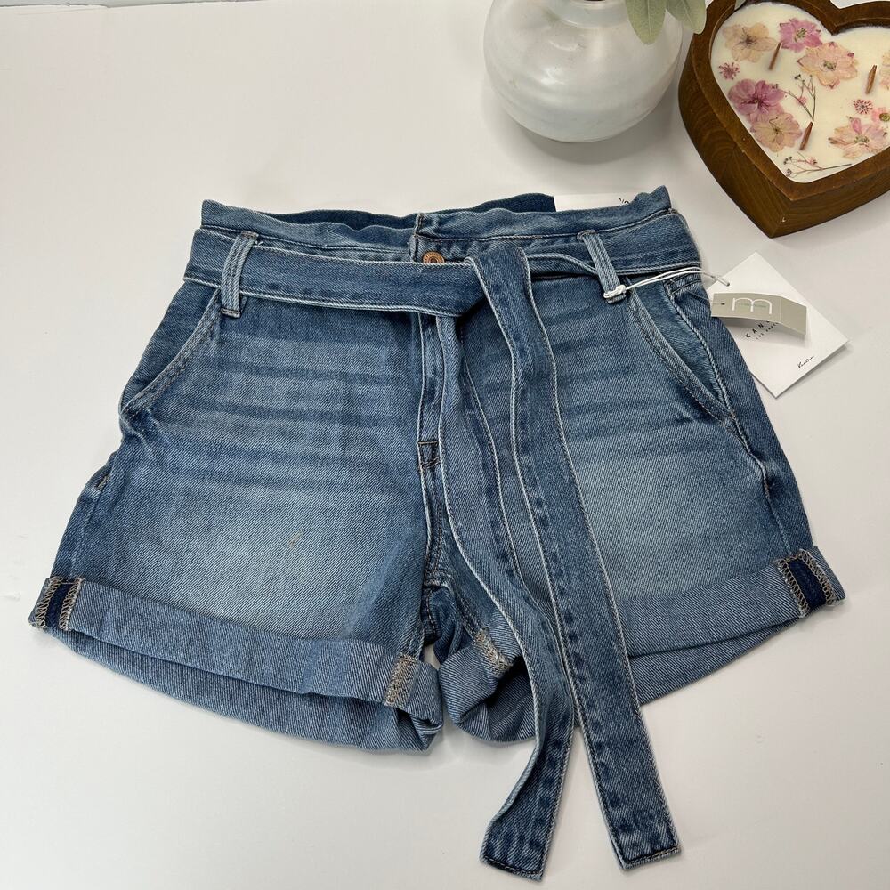 Kancan Cuffed Rigid Mid Rise Denim Jean Shorts Blue Removable Belt Women 24 NWT